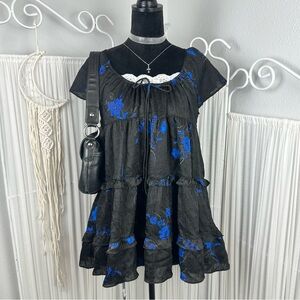 NWT Urban Outfitters Black and Blue Floral Ruffle Tier Mini Lined Babydoll Dress